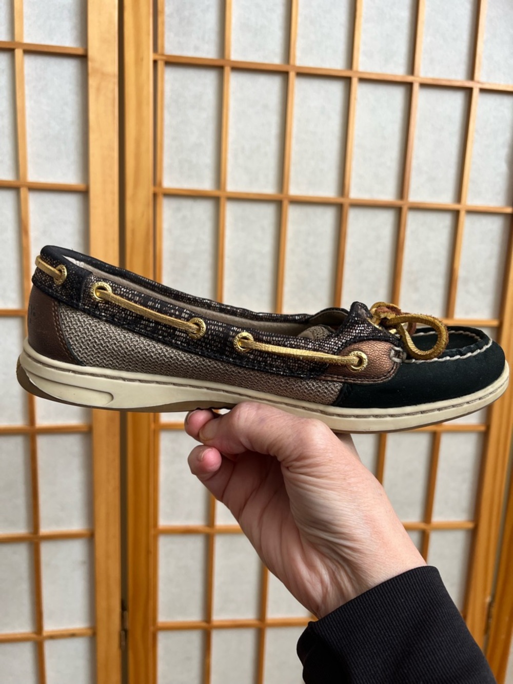 Sperry TopSider Boat Shoes Women 7.5M Black Brown Metallic Leather Lace Up Flats - Picture 7 of 13